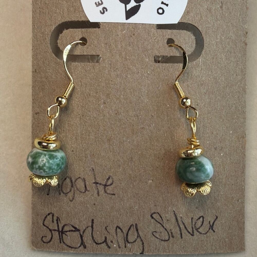 Gemstone Earrings, Spotted Tree Agate, Gold Over Sterling Silver, Flower, Green